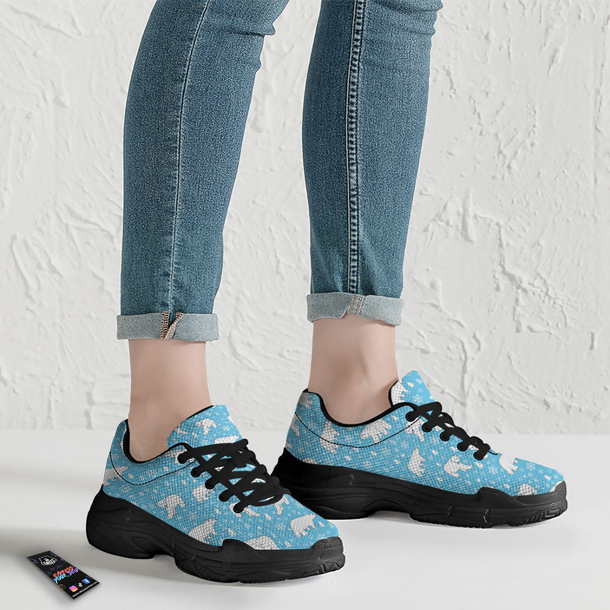 Snowflake And Polar Bear Print Pattern Black Chunky Shoes-grizzshop
