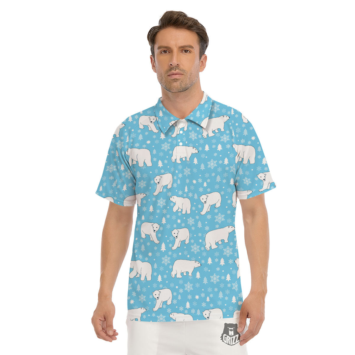Snowflake And Polar Bear Print Pattern Men's Golf Shirts-grizzshop