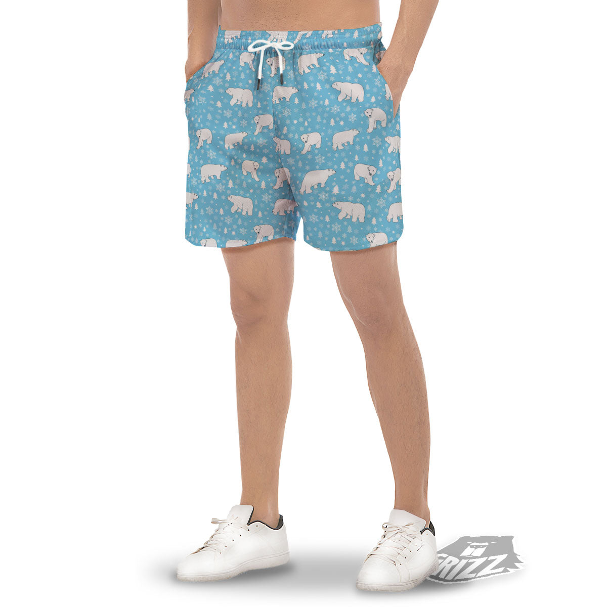 Snowflake And Polar Bear Print Pattern Men's Gym Shorts-grizzshop