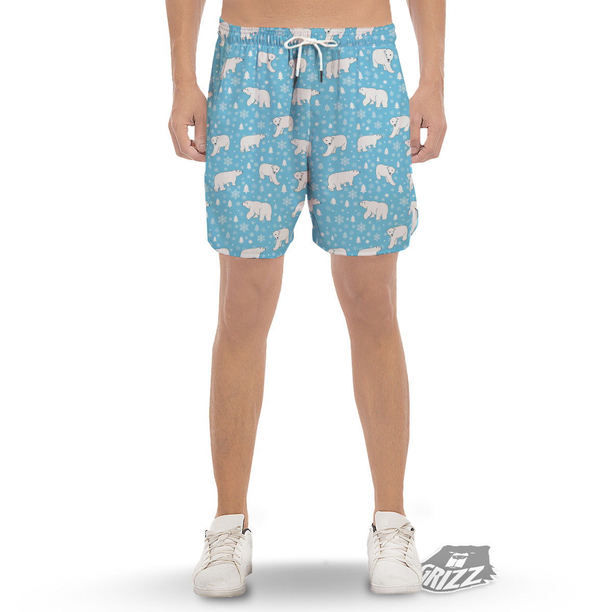Snowflake And Polar Bear Print Pattern Men's Gym Shorts-grizzshop