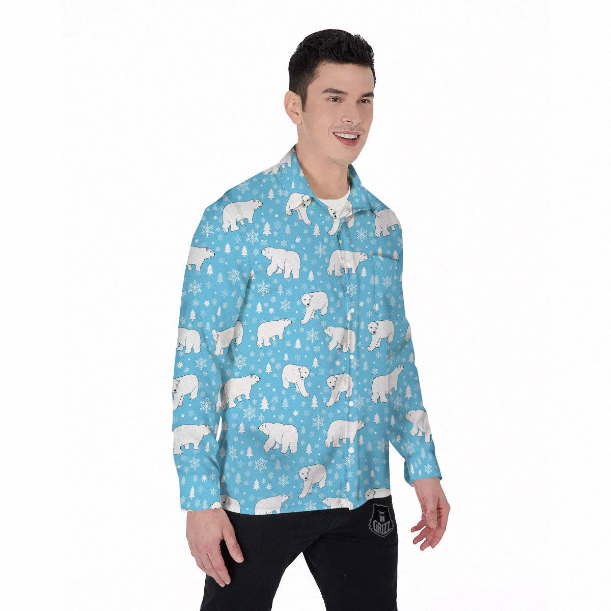 Snowflake And Polar Bear Print Pattern Men's Long Sleeve Shirts-grizzshop