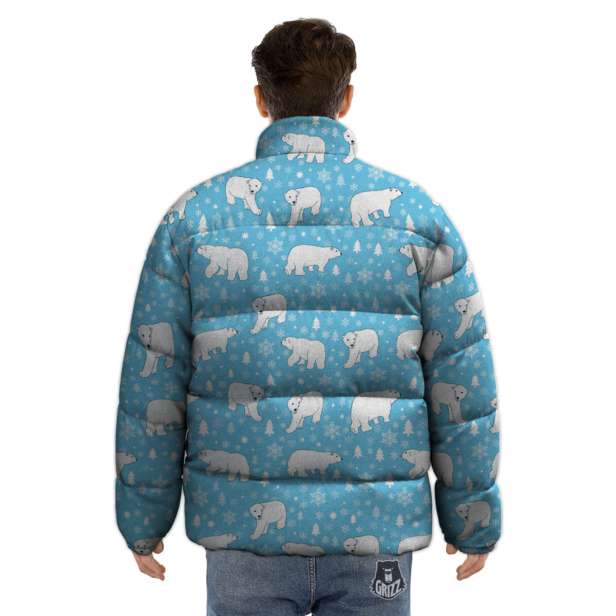 Snowflake And Polar Bear Print Pattern Puffer Jacket-grizzshop