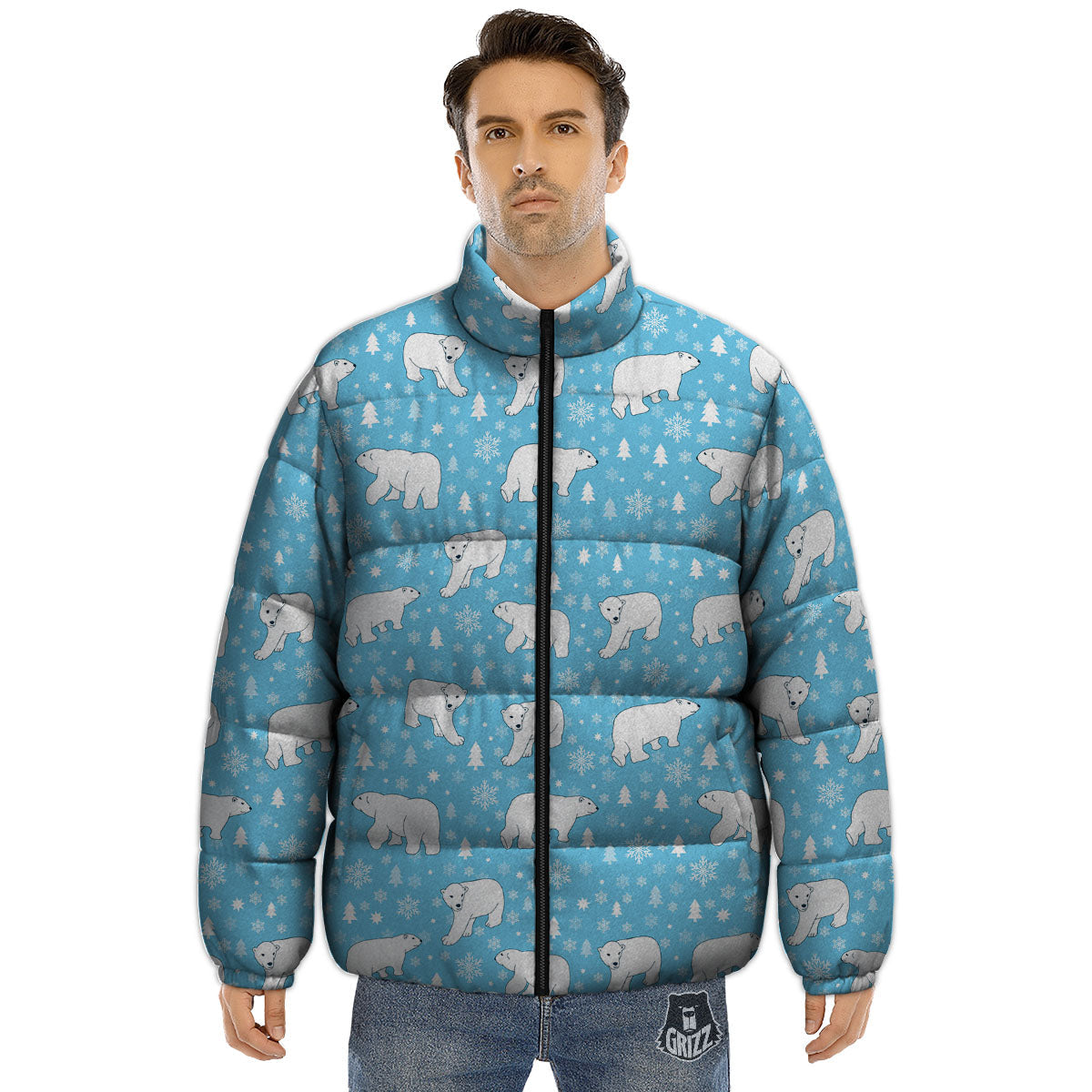 Snowflake And Polar Bear Print Pattern Puffer Jacket-grizzshop