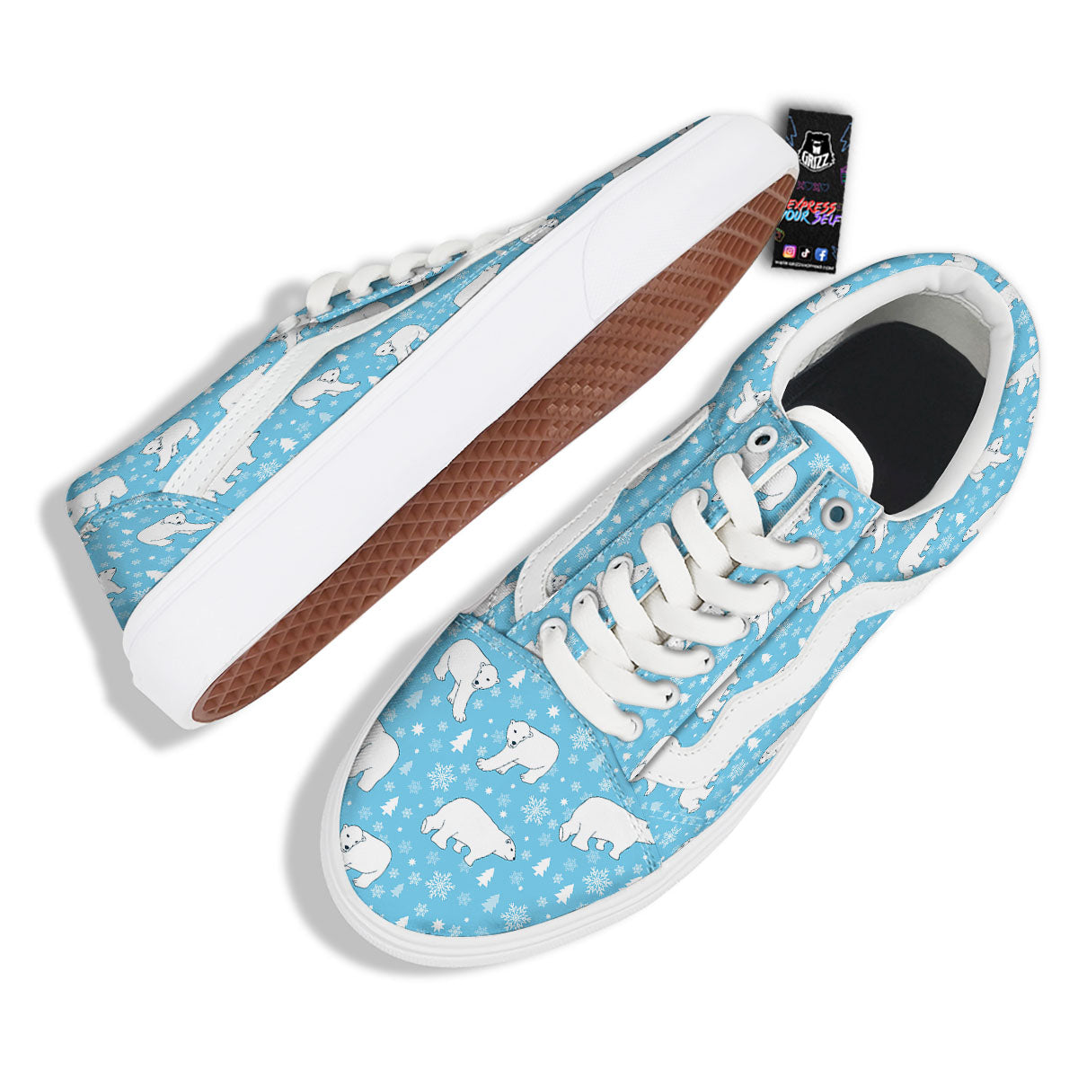 Snowflake And Polar Bear Print Pattern Skate Shoes-grizzshop