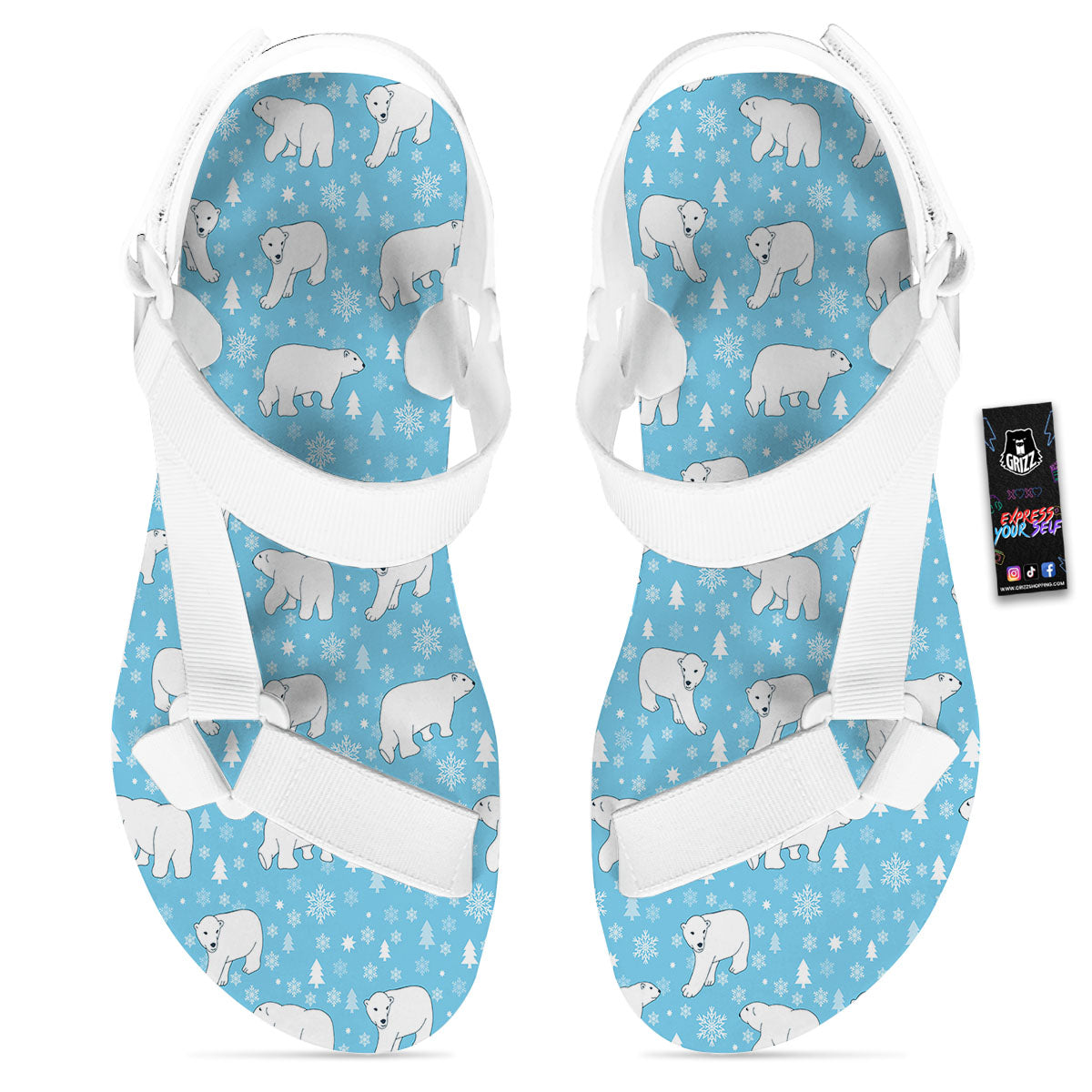 Snowflake And Polar Bear Print Pattern White Open Toe Sandals-grizzshop