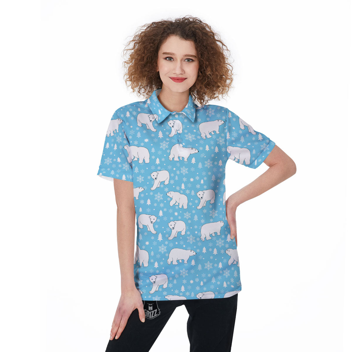 Snowflake And Polar Bear Print Pattern Women's Golf Shirts-grizzshop