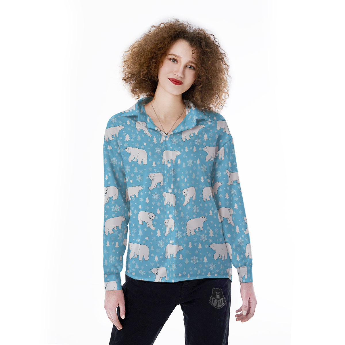 Snowflake And Polar Bear Print Pattern Women's Long Sleeve Shirts-grizzshop