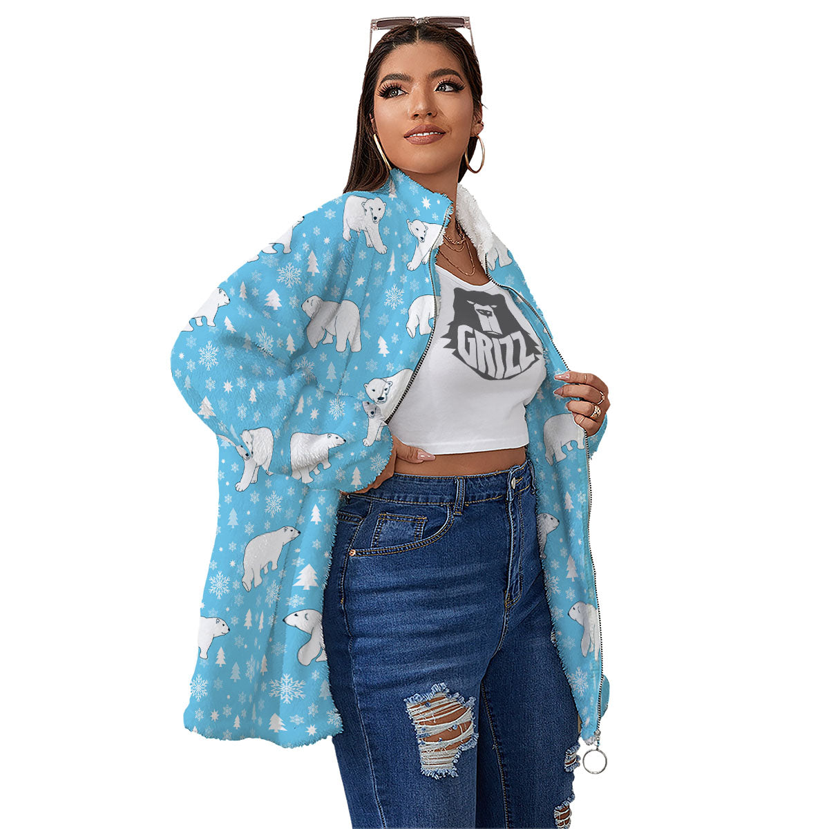 Snowflake And Polar Bear Print Pattern Women's Sherpa Jacket-grizzshop
