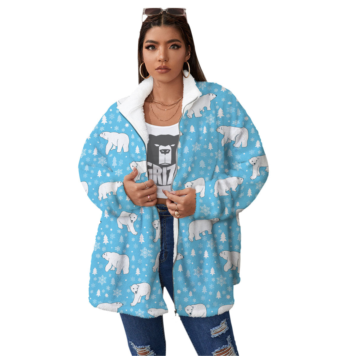 Snowflake And Polar Bear Print Pattern Women's Sherpa Jacket-grizzshop