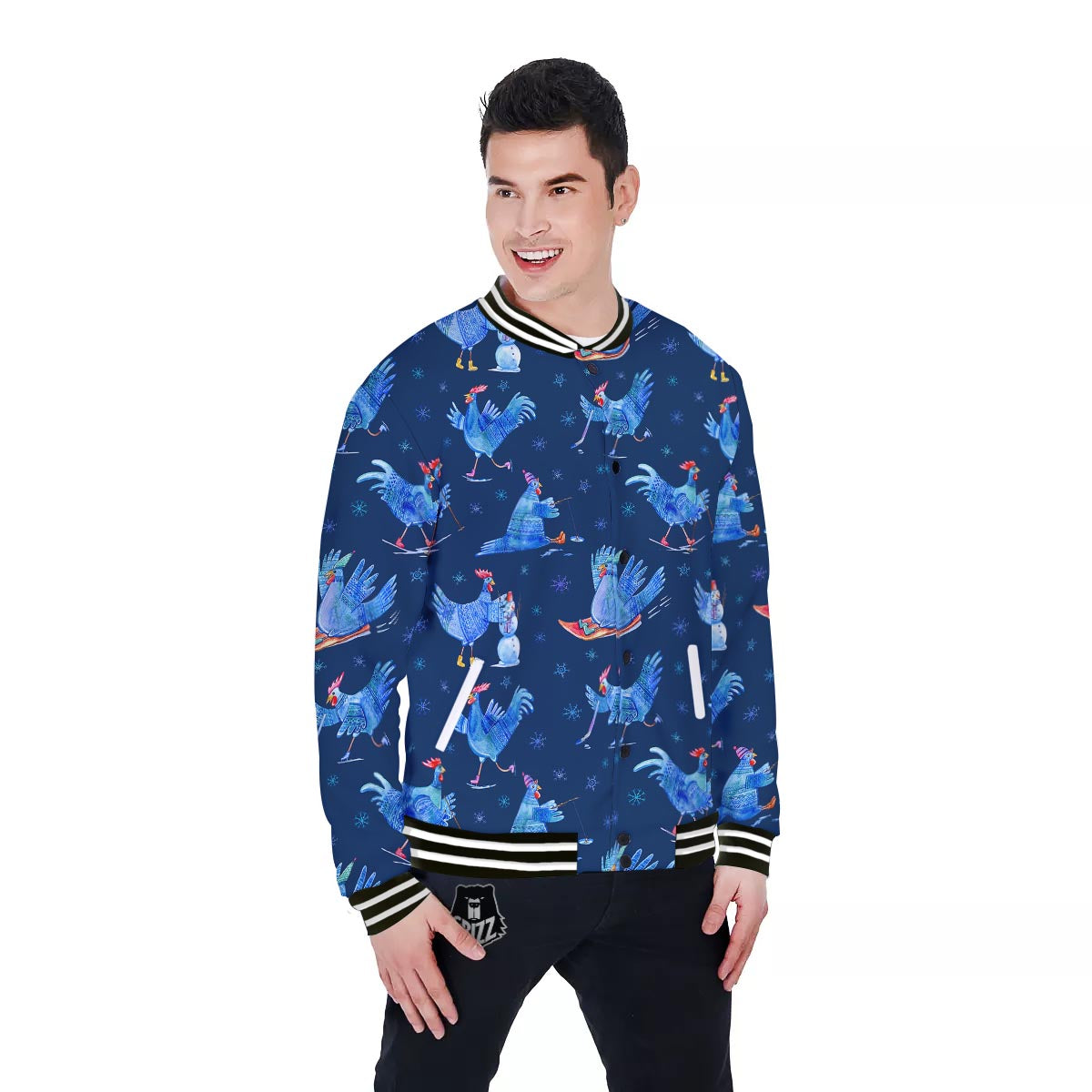 Snowflake And Rooster Print Pattern Baseball Jacket-grizzshop
