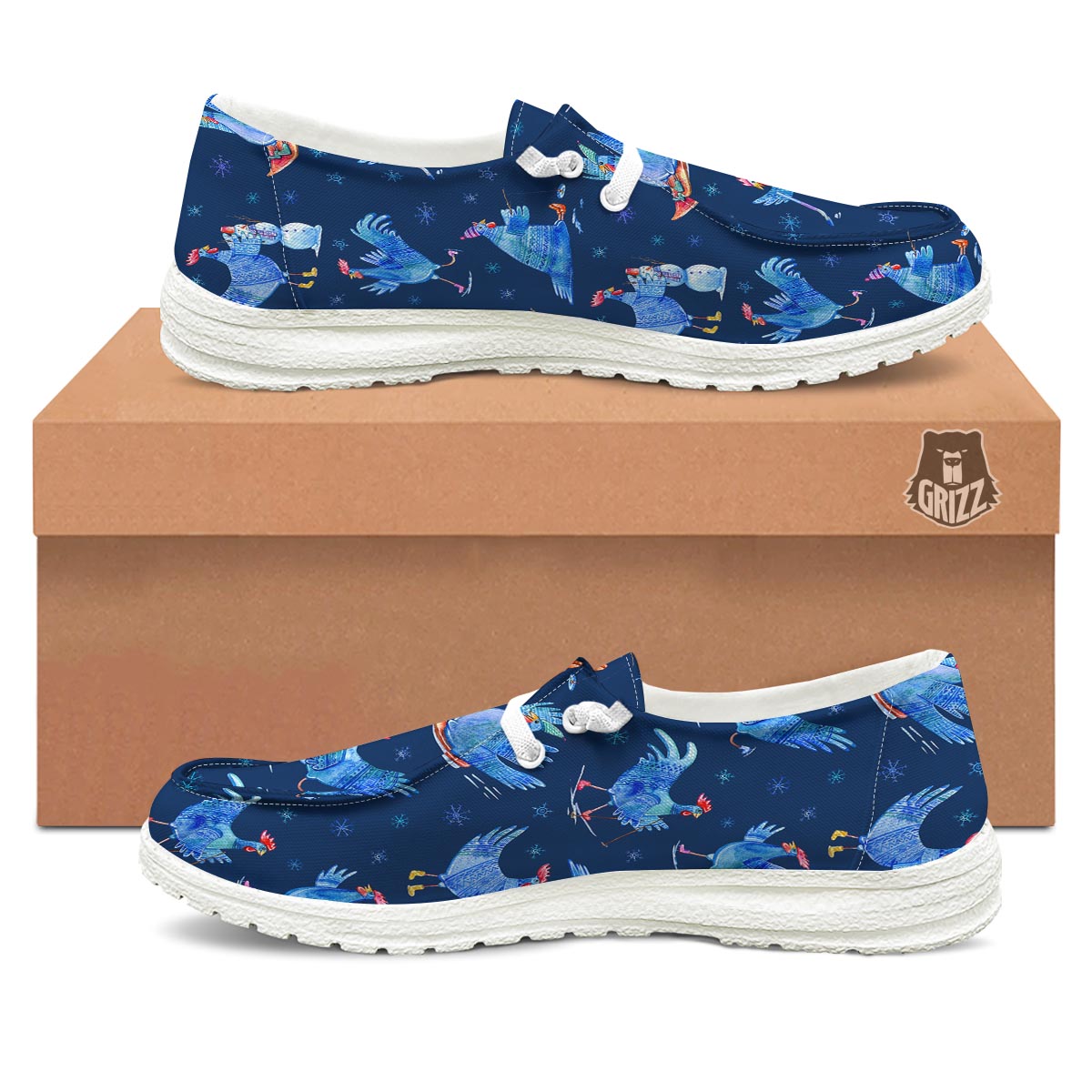 Snowflake And Rooster Print Pattern Black Loafers-grizzshop