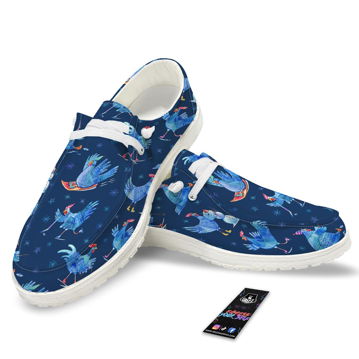 Snowflake And Rooster Print Pattern Black Loafers-grizzshop