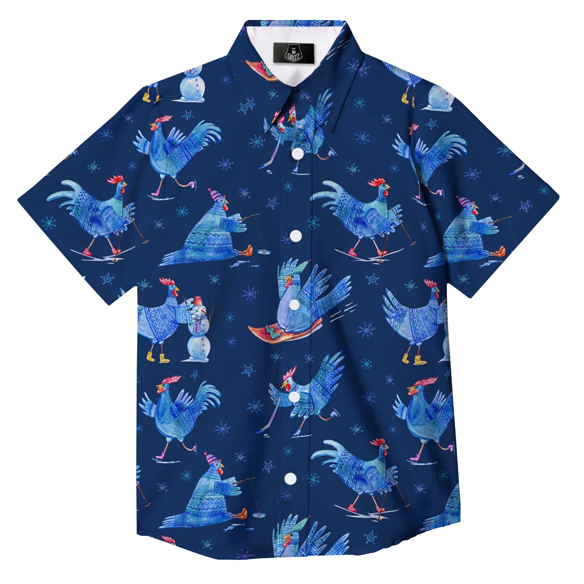 Snowflake And Rooster Print Pattern Button Up Shirt-grizzshop