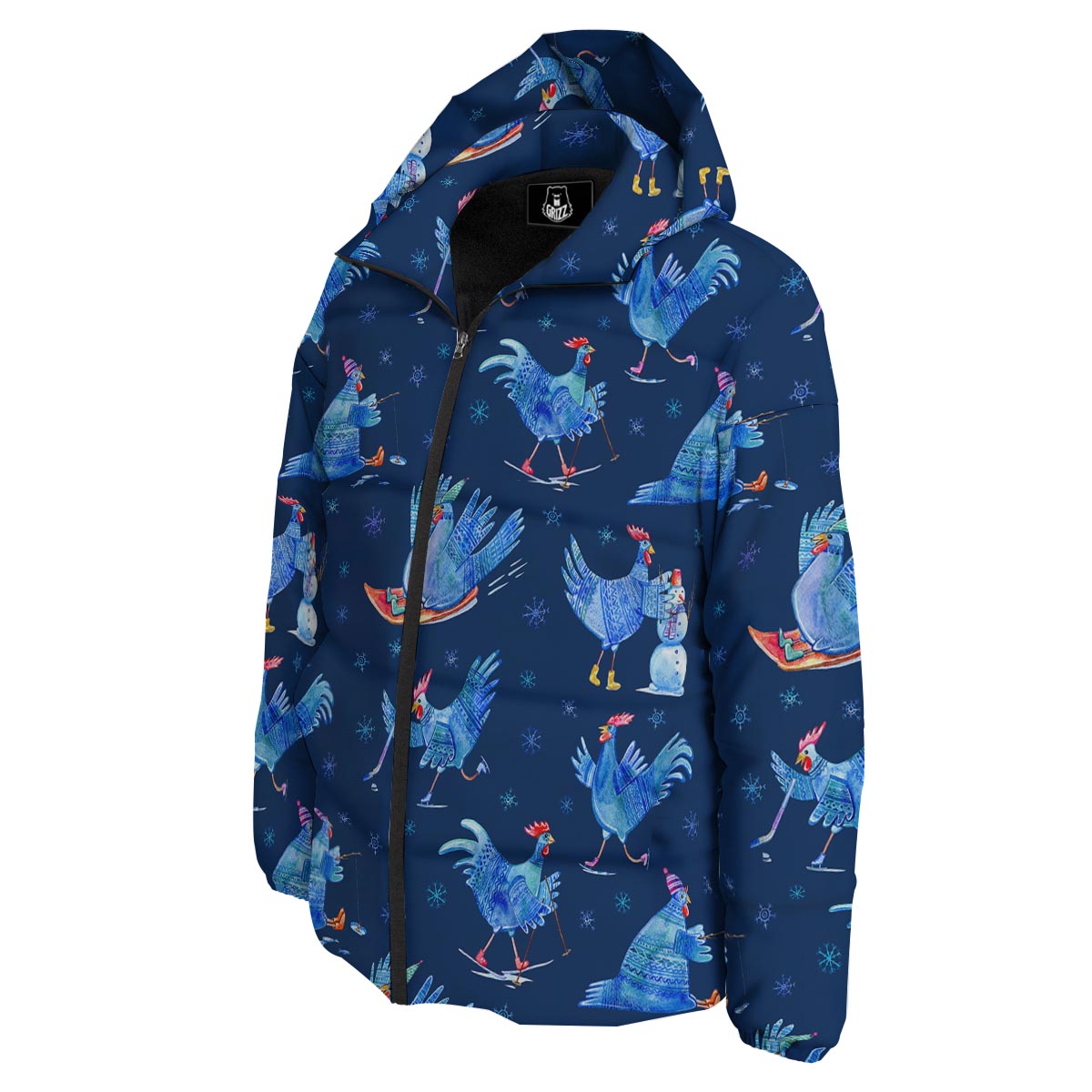 Snowflake And Rooster Print Pattern Down Jacket-grizzshop