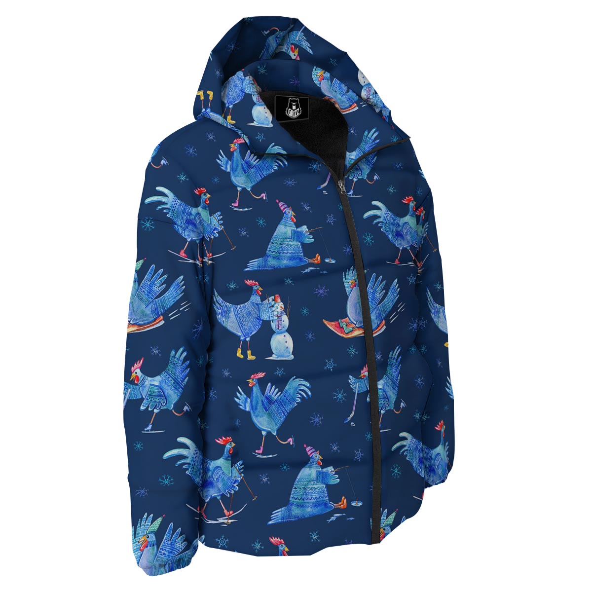 Snowflake And Rooster Print Pattern Down Jacket-grizzshop
