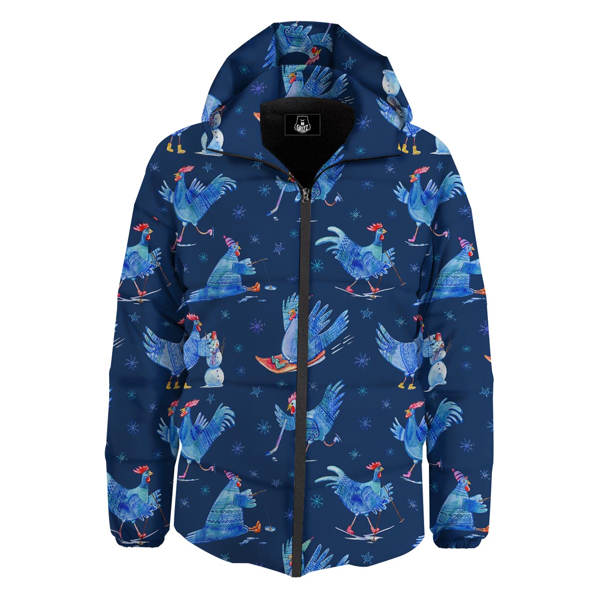Snowflake And Rooster Print Pattern Down Jacket-grizzshop