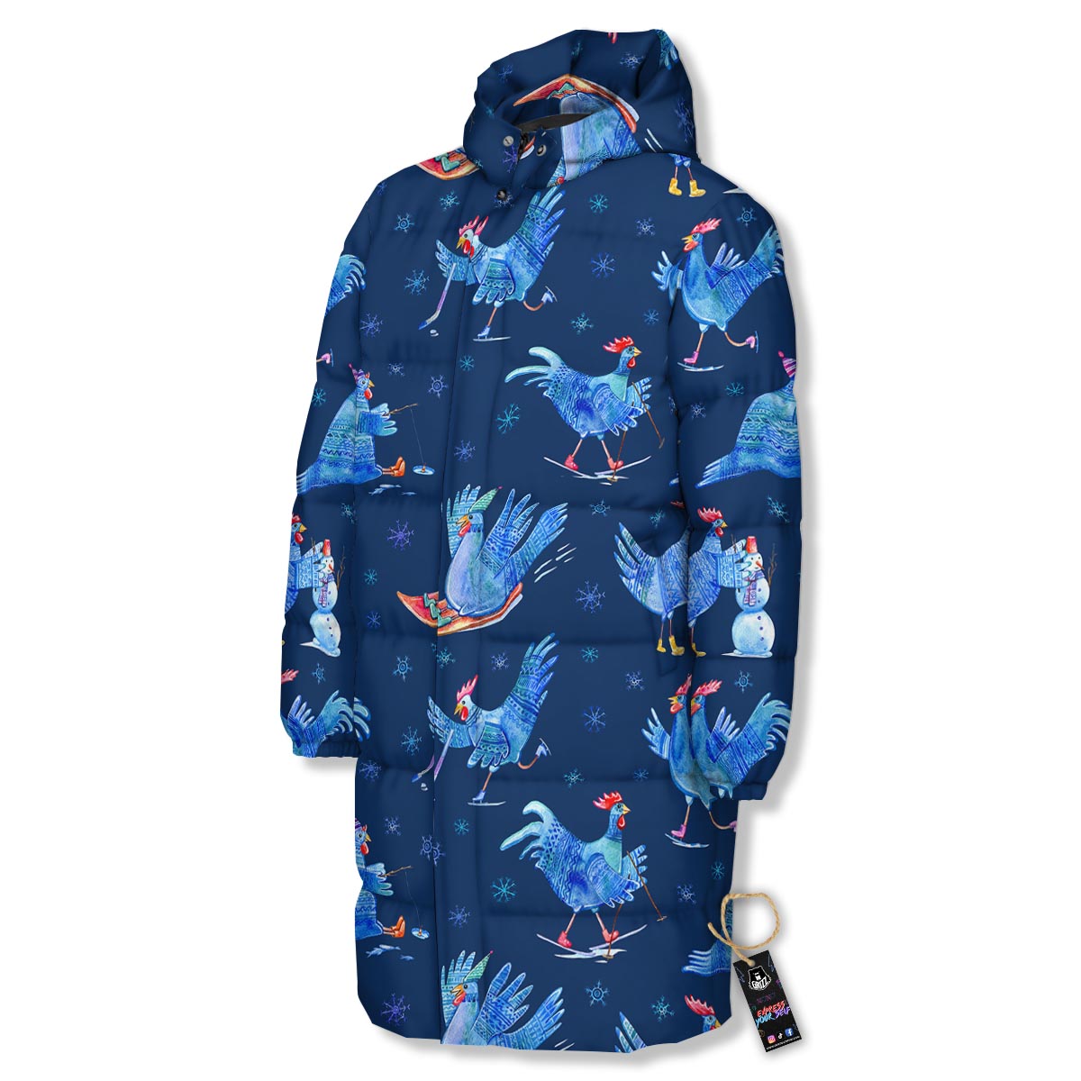 Snowflake And Rooster Print Pattern Long Down Jacket-grizzshop
