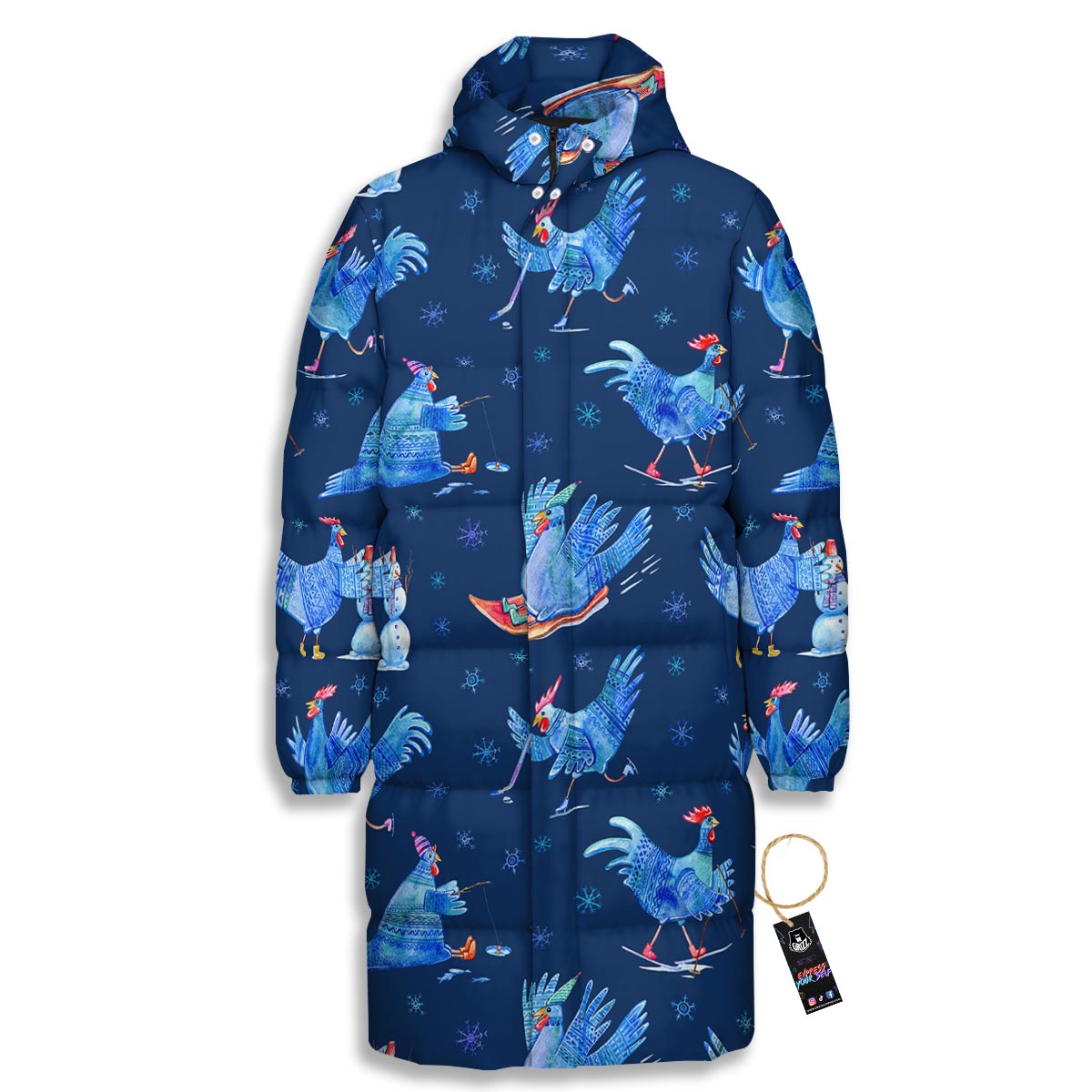 Snowflake And Rooster Print Pattern Long Down Jacket-grizzshop