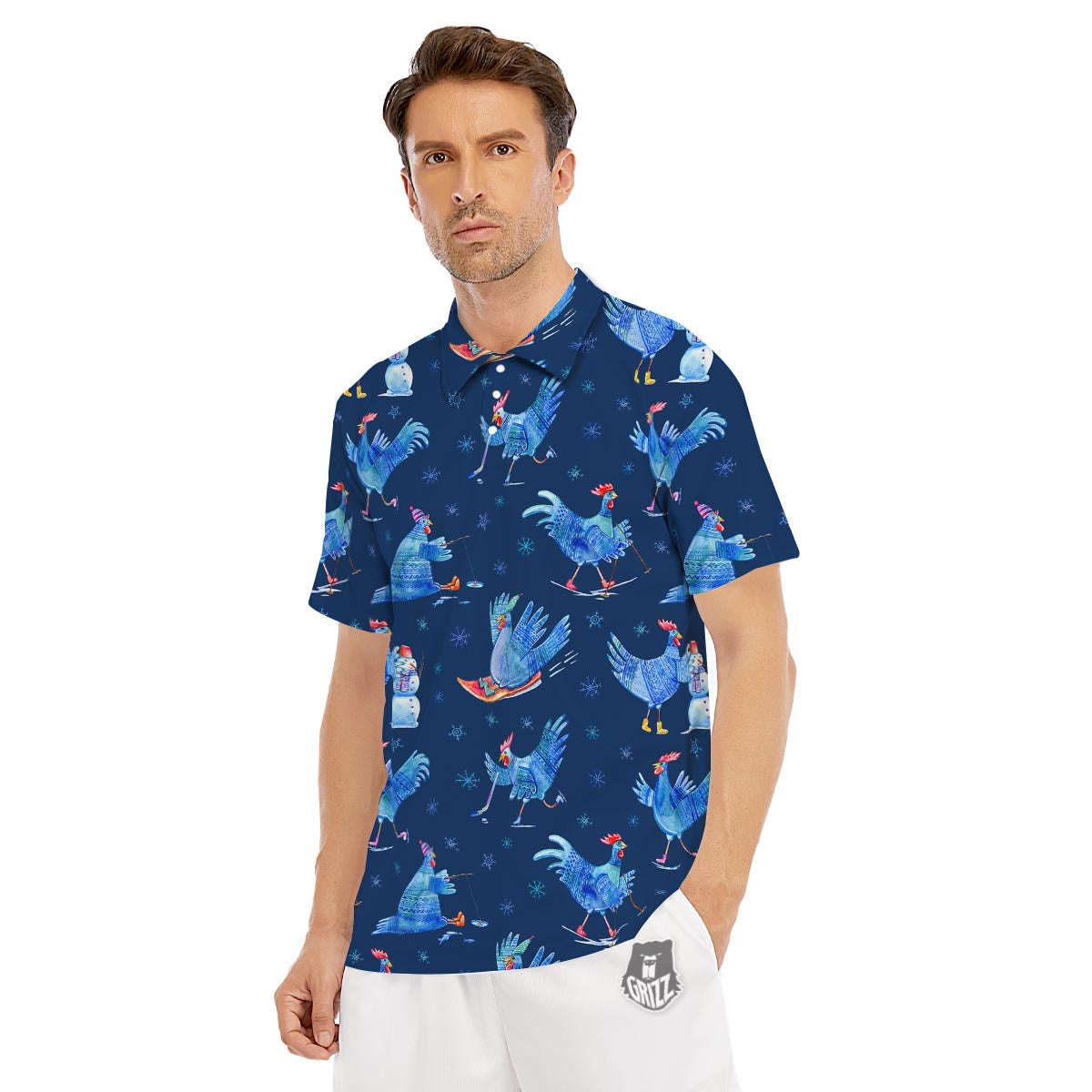 Snowflake And Rooster Print Pattern Men's Golf Shirts-grizzshop