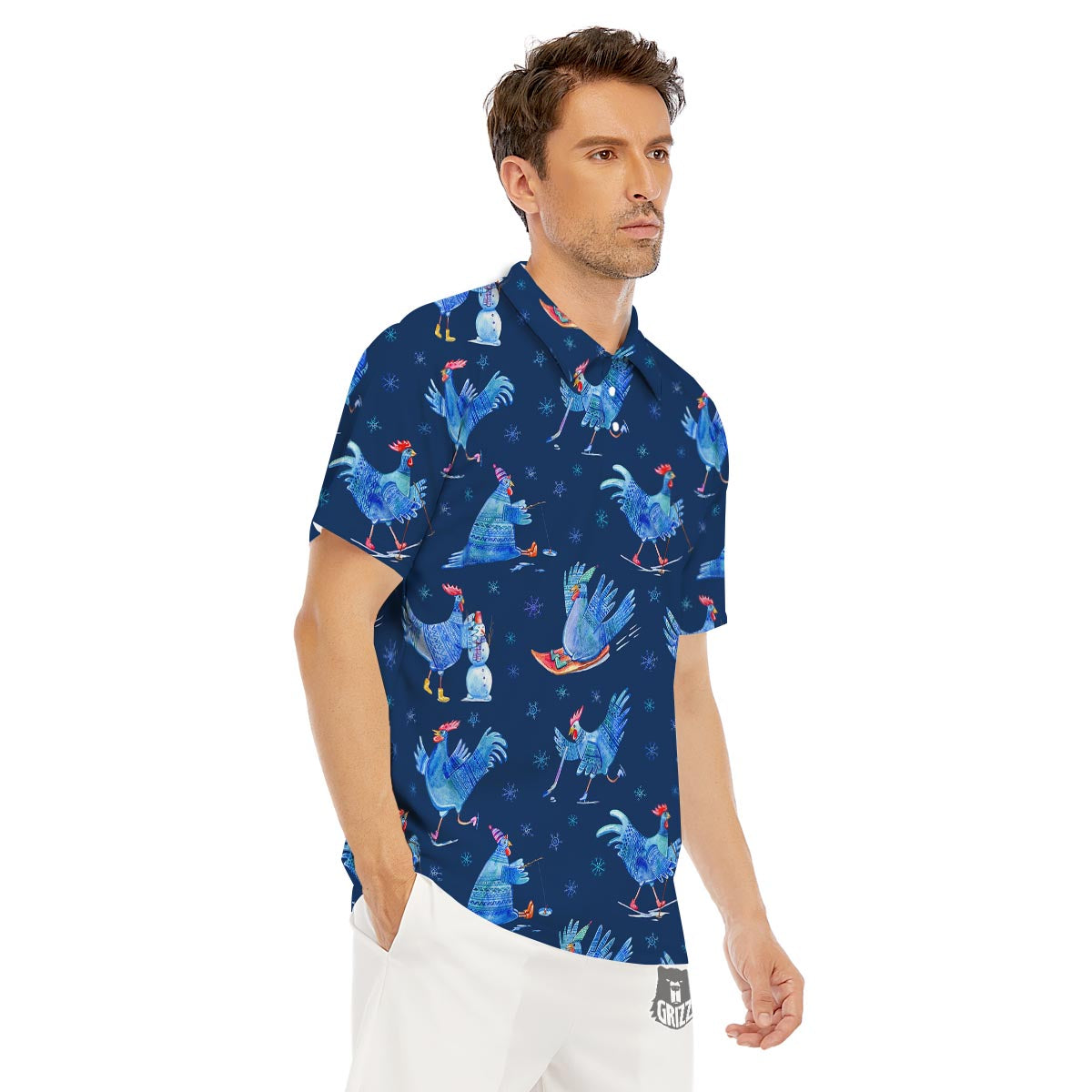 Snowflake And Rooster Print Pattern Men's Golf Shirts-grizzshop