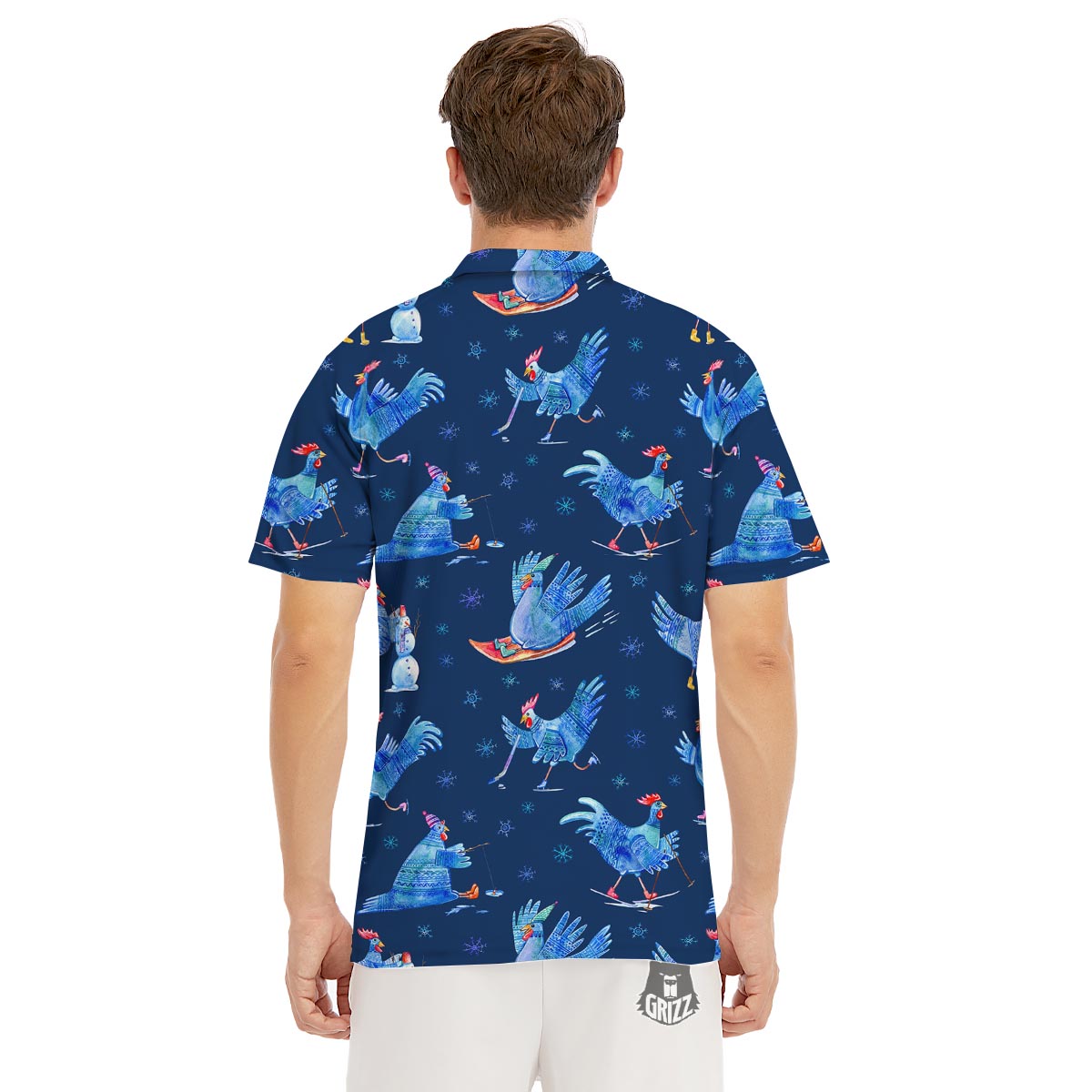 Snowflake And Rooster Print Pattern Men's Golf Shirts-grizzshop