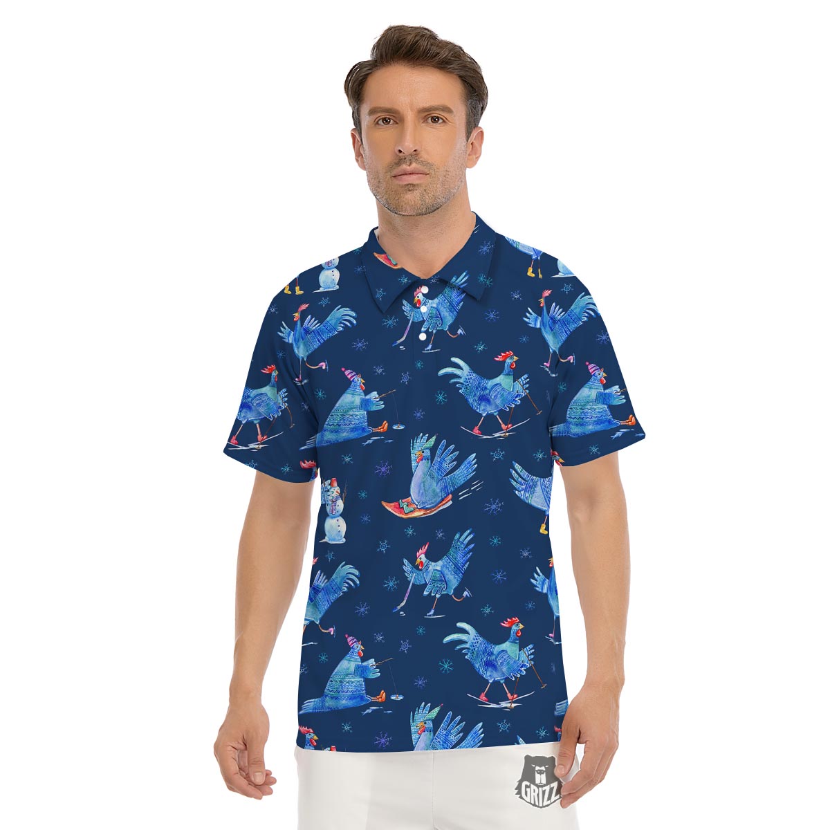 Snowflake And Rooster Print Pattern Men's Golf Shirts-grizzshop