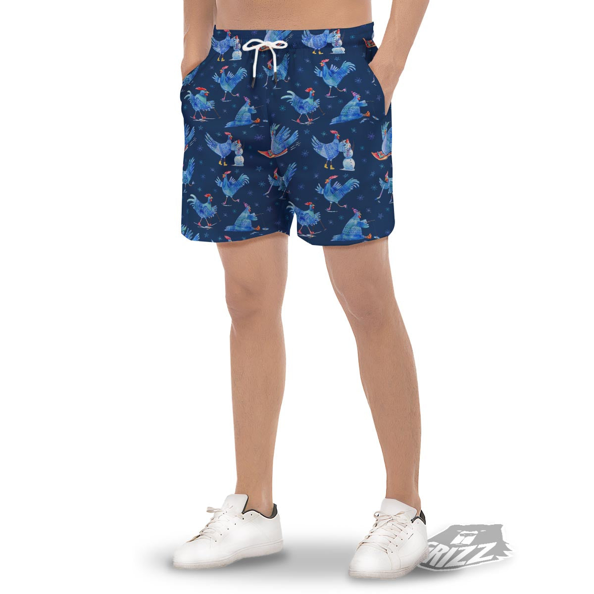 Snowflake And Rooster Print Pattern Men's Gym Shorts-grizzshop