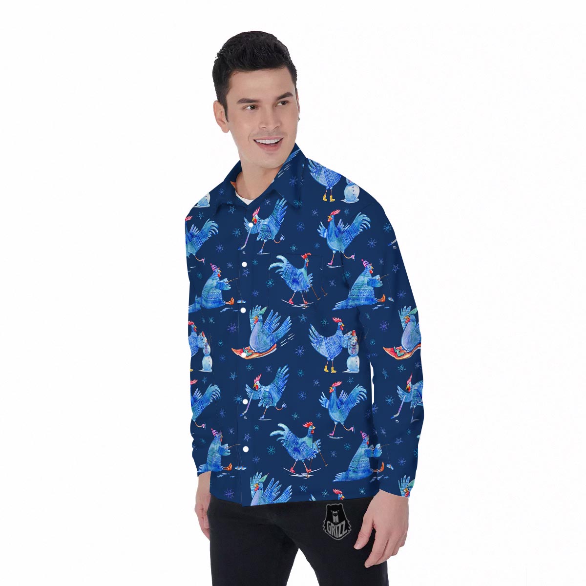 Snowflake And Rooster Print Pattern Men's Long Sleeve Shirts-grizzshop