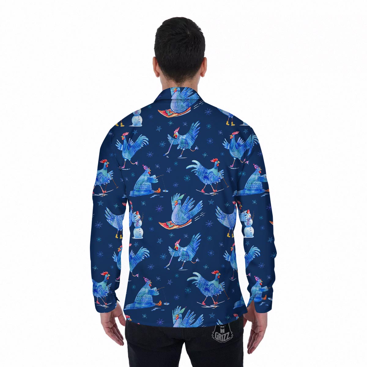 Snowflake And Rooster Print Pattern Men's Long Sleeve Shirts-grizzshop
