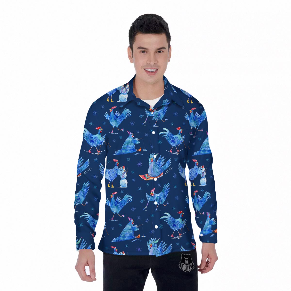 Snowflake And Rooster Print Pattern Men's Long Sleeve Shirts-grizzshop