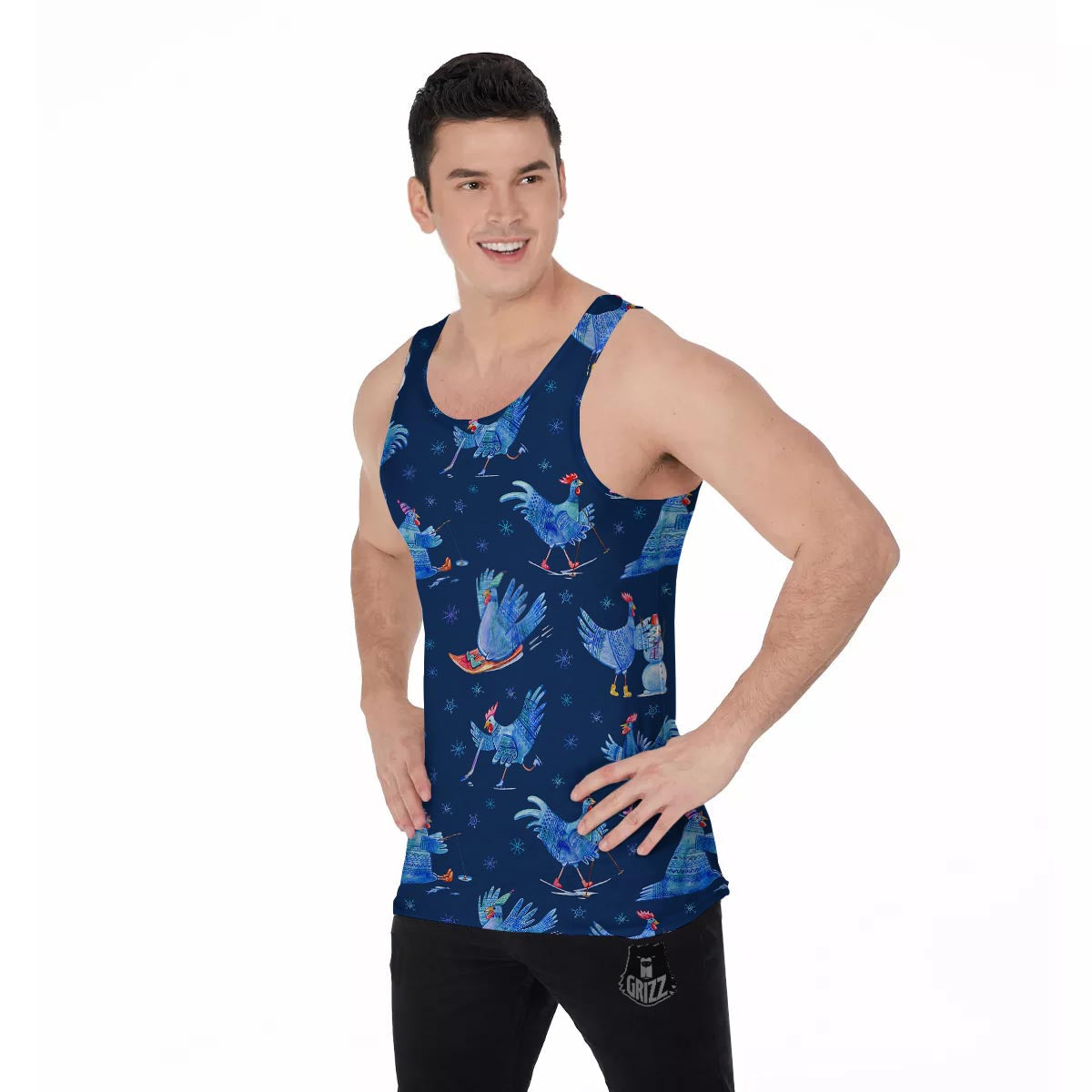 Snowflake And Rooster Print Pattern Men's Tank Top-grizzshop