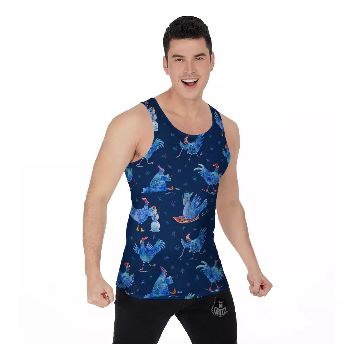 Snowflake And Rooster Print Pattern Men's Tank Top-grizzshop