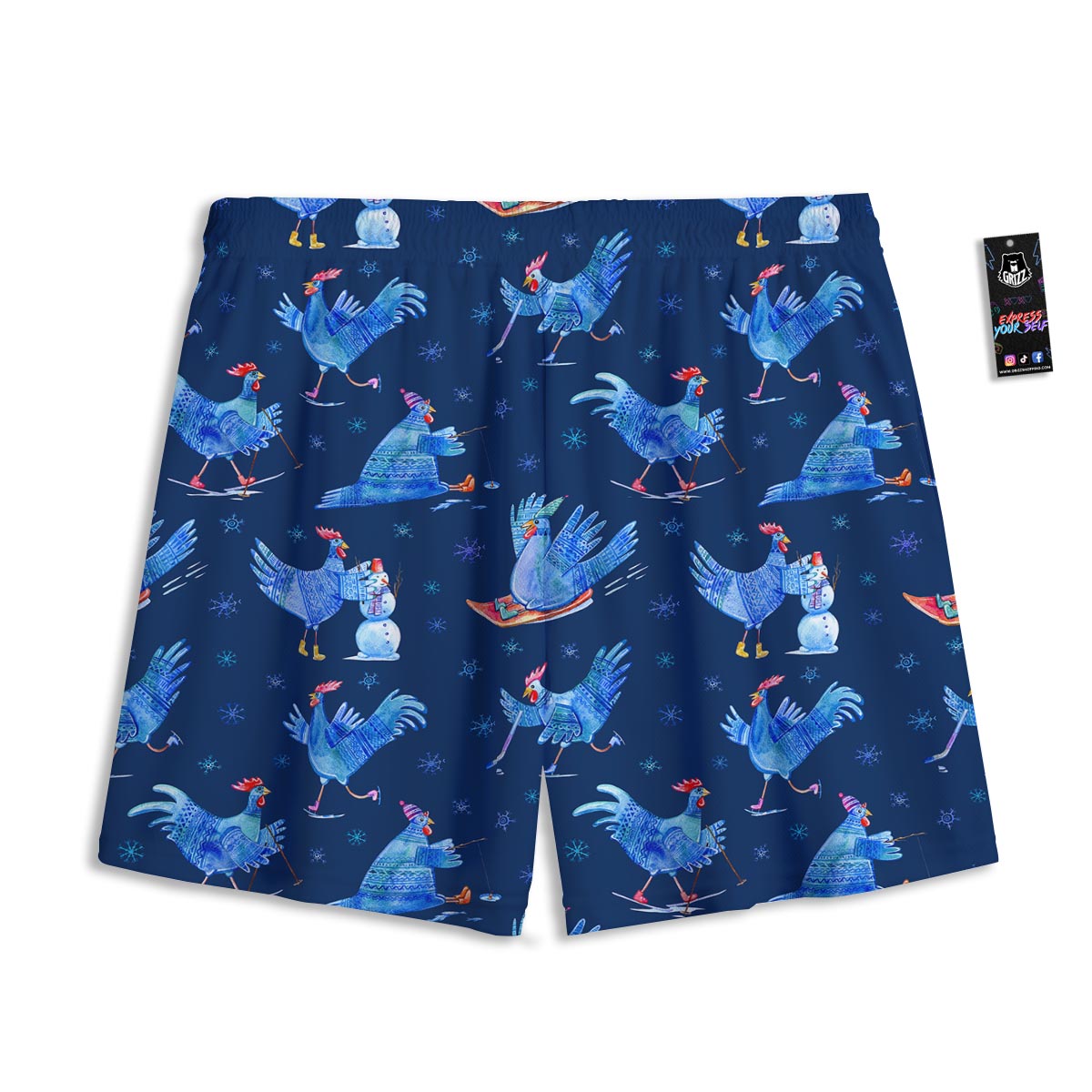 Snowflake And Rooster Print Pattern Mesh Shorts