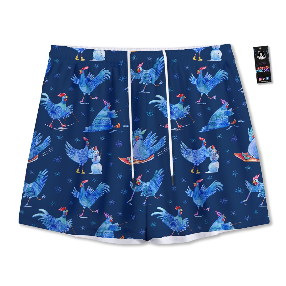 Snowflake And Rooster Print Pattern Mesh Shorts