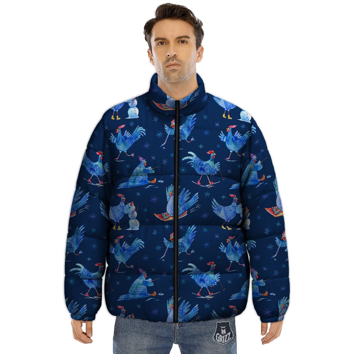 Snowflake And Rooster Print Pattern Puffer Jacket-grizzshop