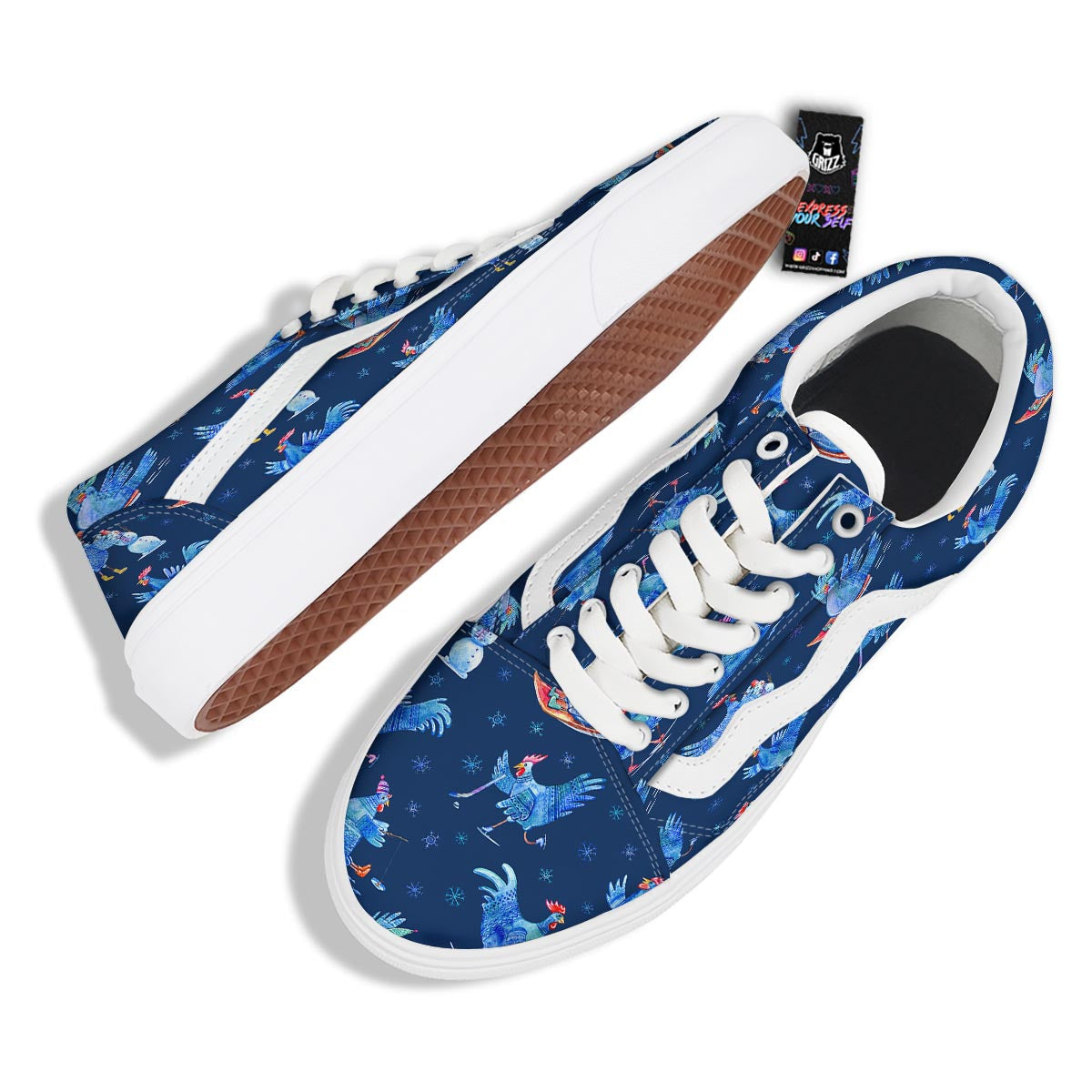 Snowflake And Rooster Print Pattern Skate Shoes-grizzshop