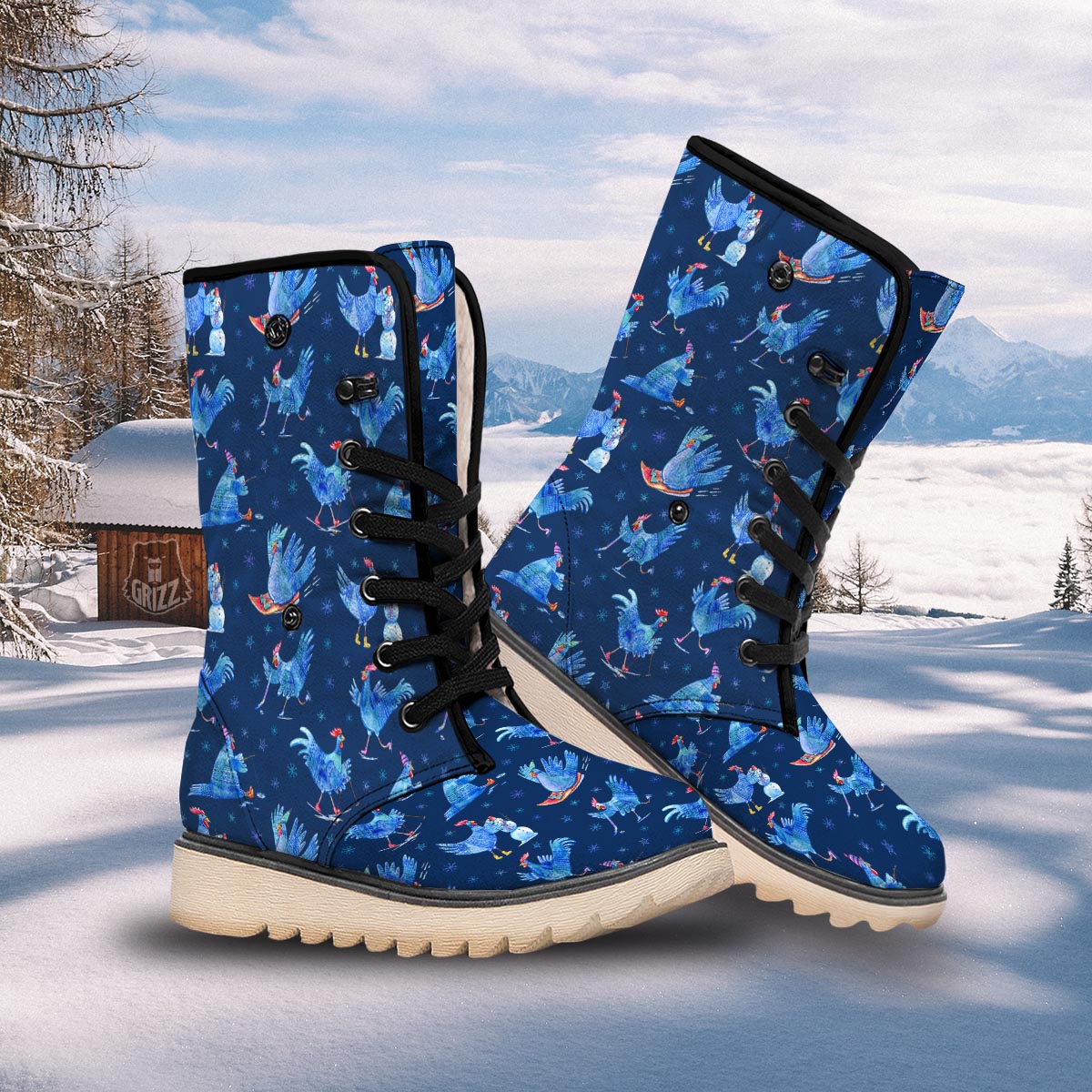 Snowflake And Rooster Print Pattern Snow Boots-grizzshop