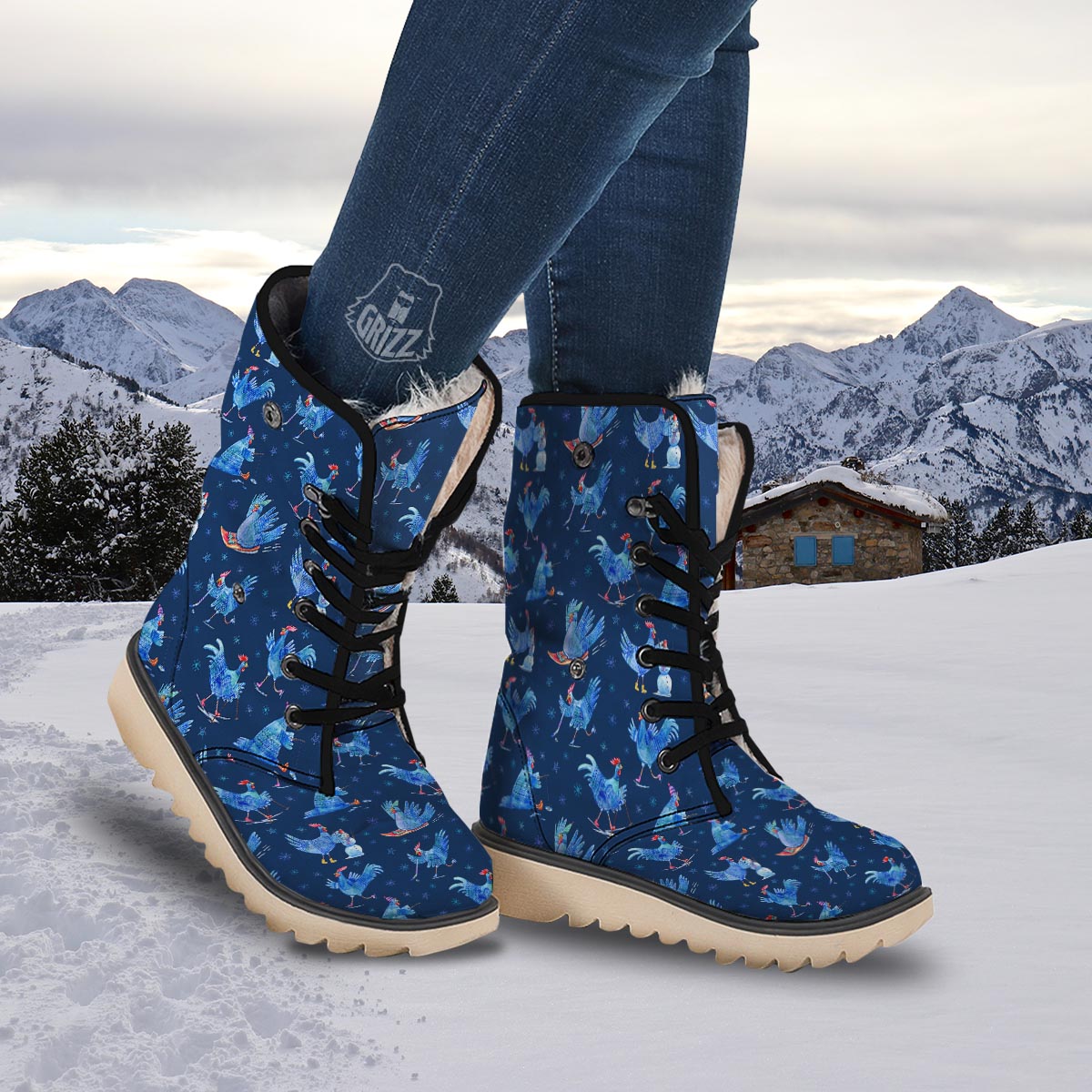 Snowflake And Rooster Print Pattern Snow Boots-grizzshop