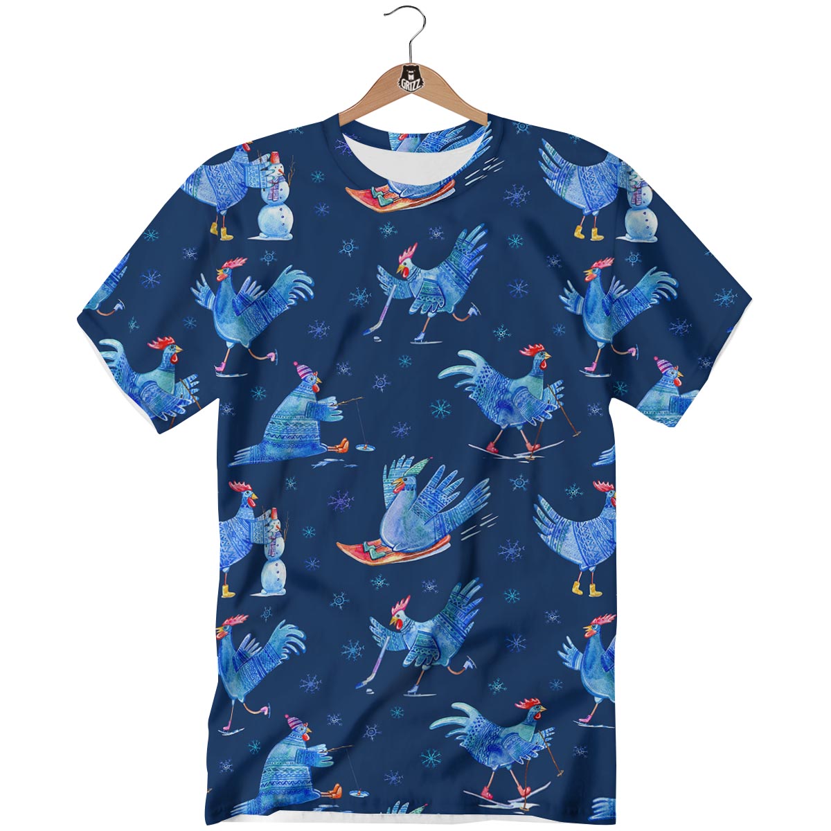 Snowflake And Rooster Print Pattern T-Shirt-grizzshop