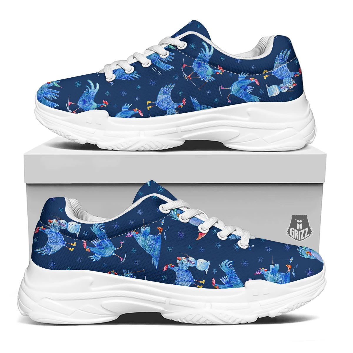 Snowflake And Rooster Print Pattern White Chunky Shoes-grizzshop