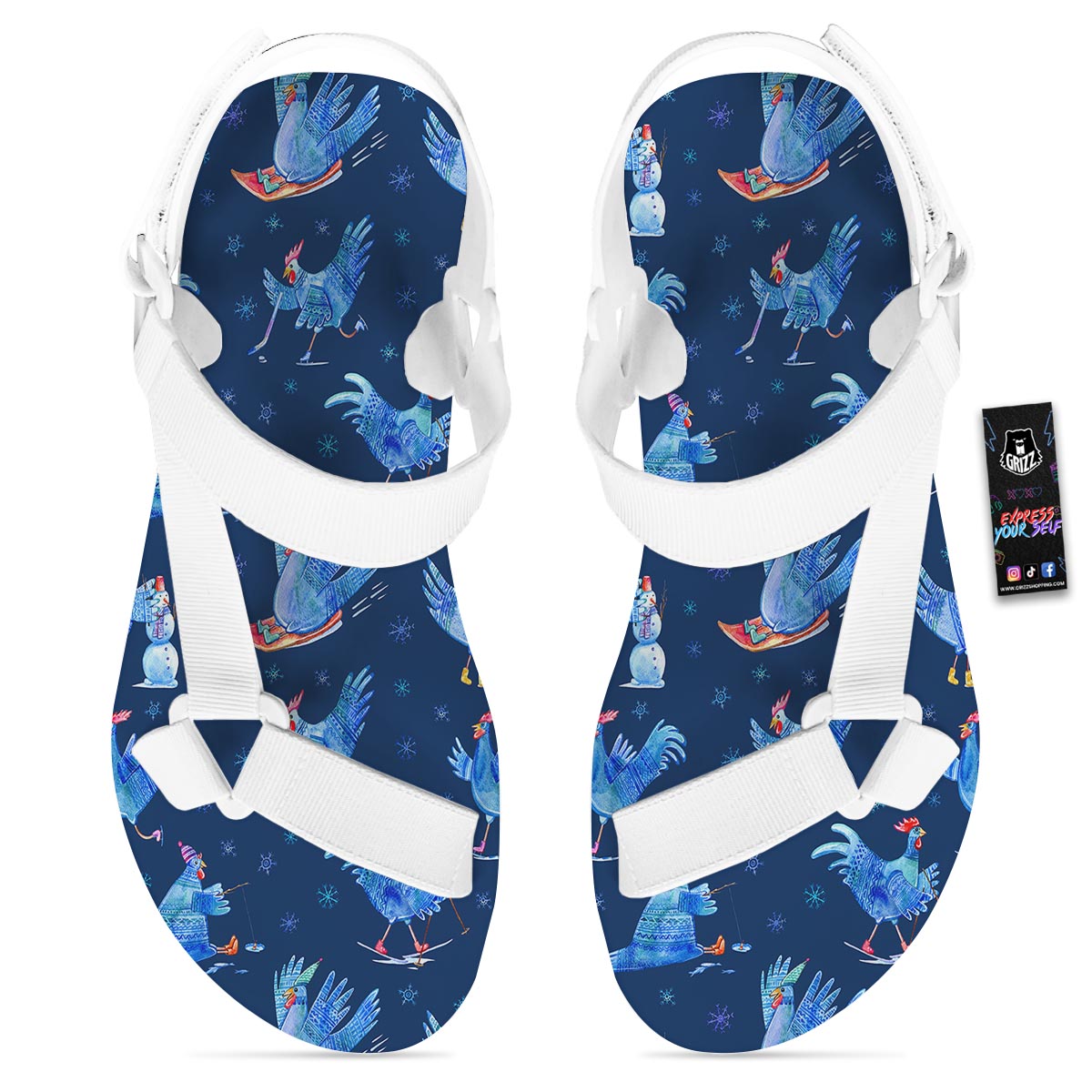 Snowflake And Rooster Print Pattern White Open Toe Sandals-grizzshop