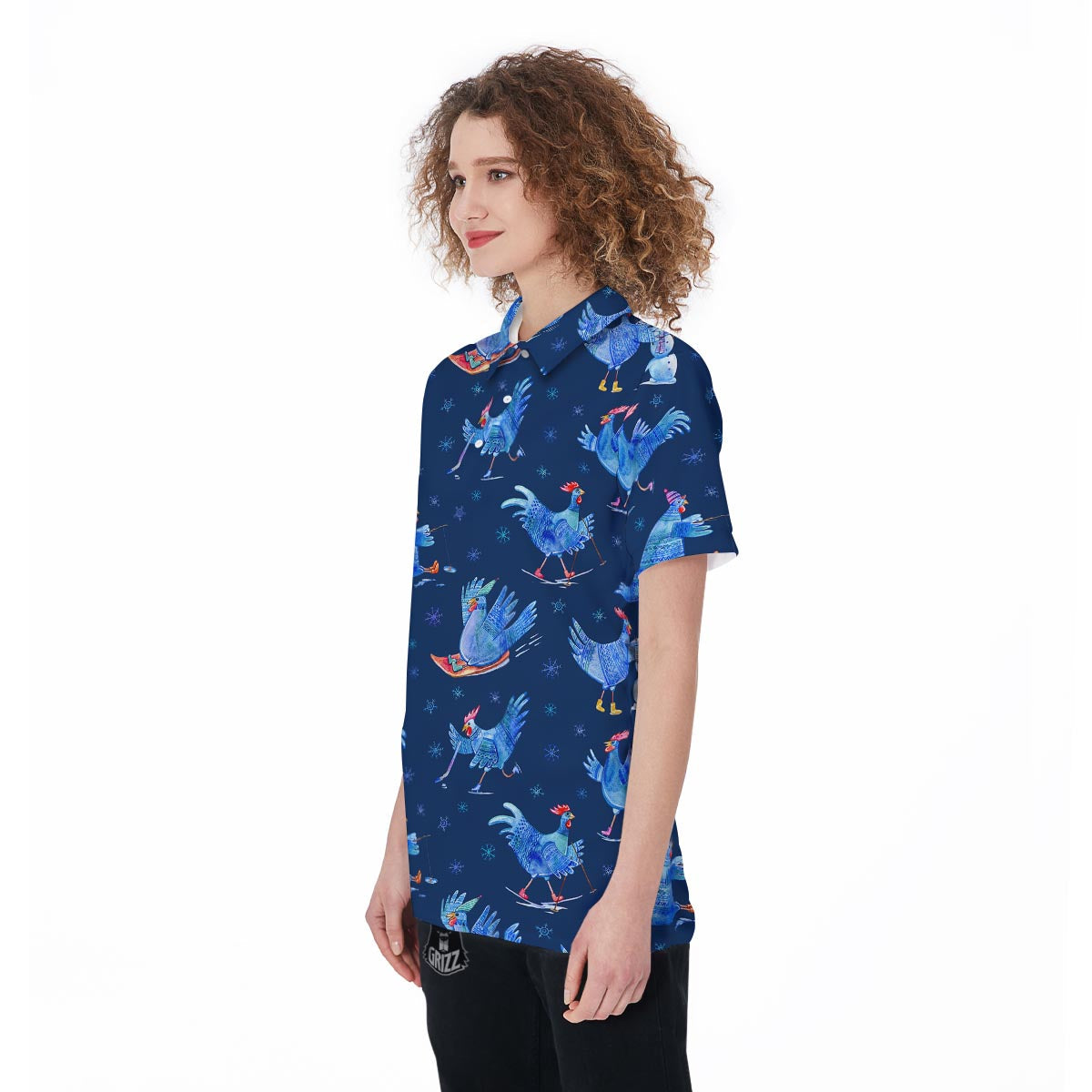 Snowflake And Rooster Print Pattern Women's Golf Shirts-grizzshop