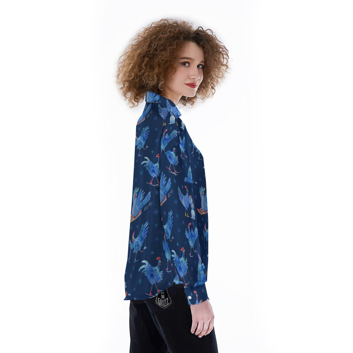 Snowflake And Rooster Print Pattern Women's Long Sleeve Shirts-grizzshop