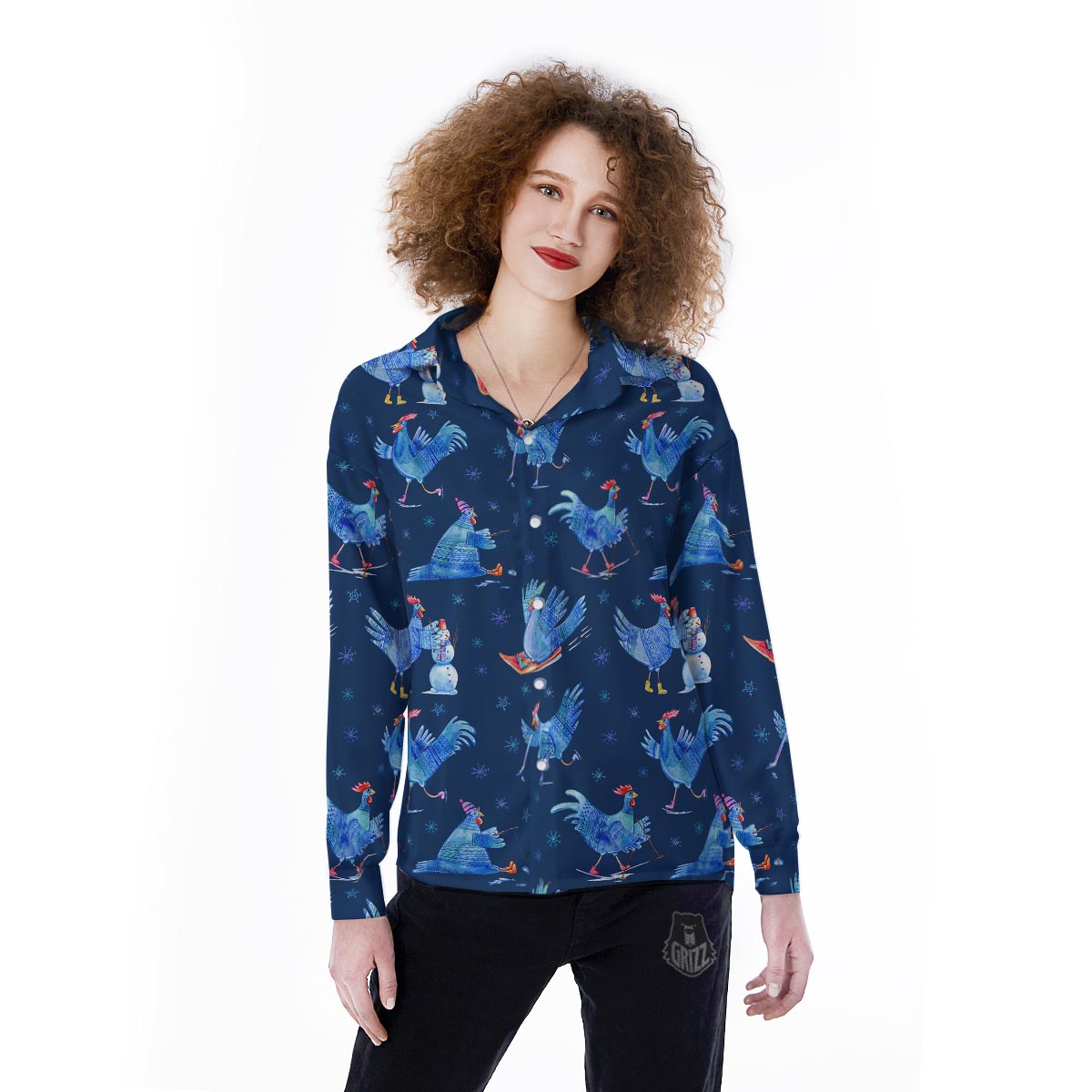 Snowflake And Rooster Print Pattern Women's Long Sleeve Shirts-grizzshop
