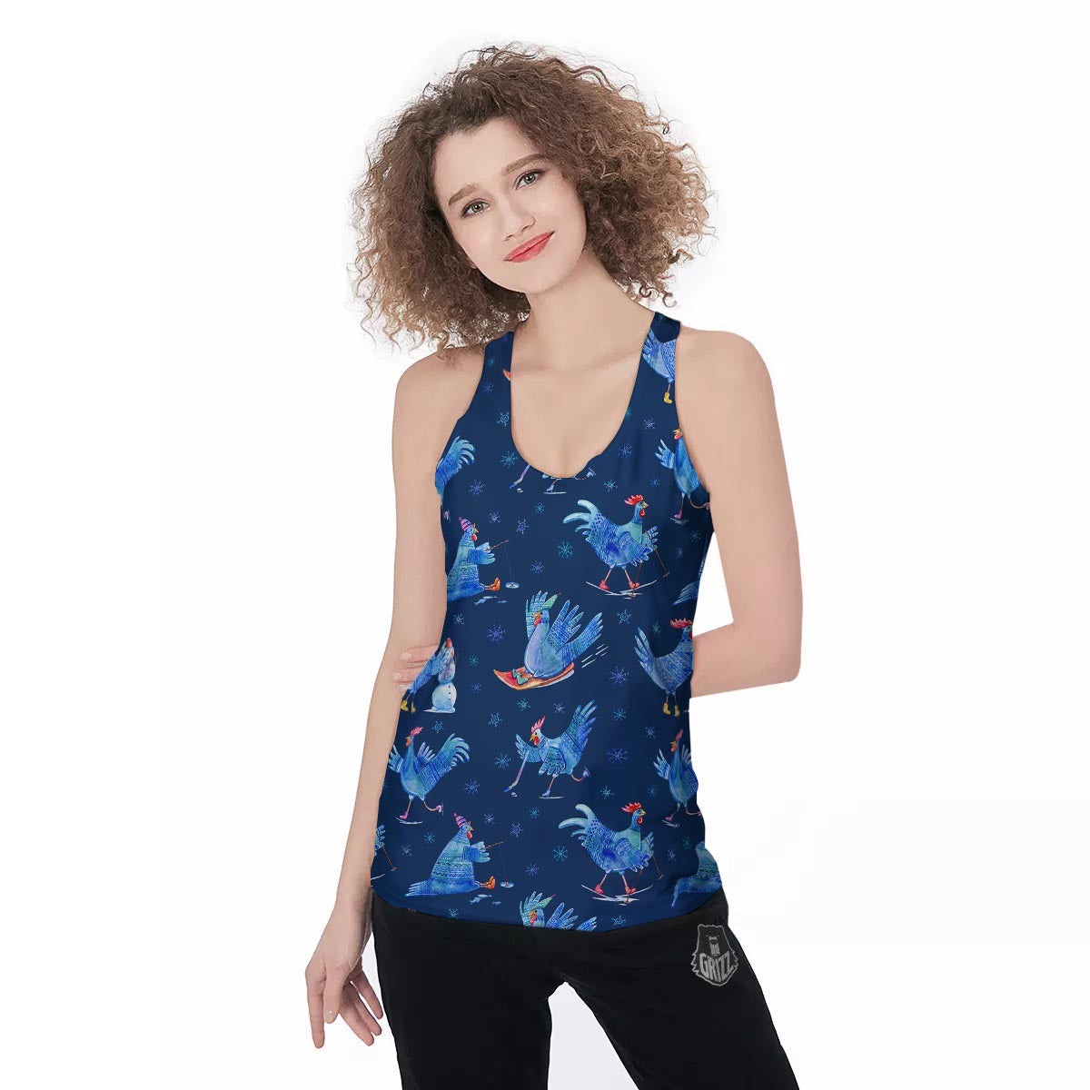 Snowflake And Rooster Print Pattern Women's Racerback Tank Top-grizzshop