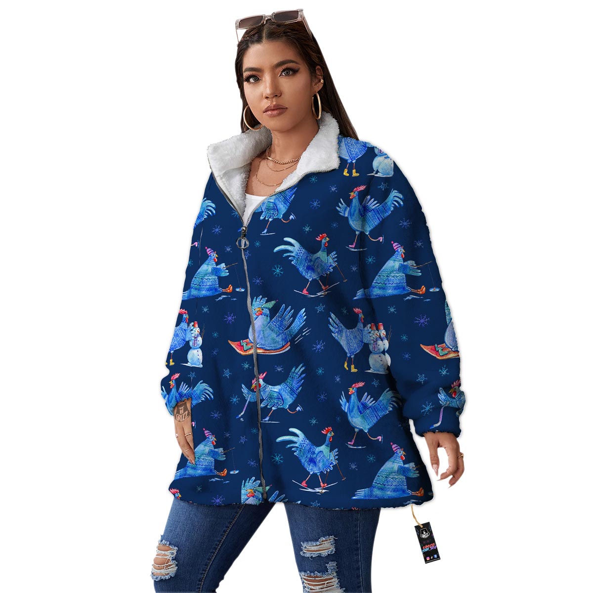 Snowflake And Rooster Print Pattern Women's Sherpa Jacket-grizzshop
