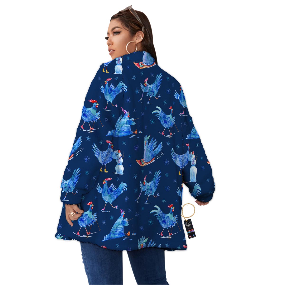 Snowflake And Rooster Print Pattern Women's Sherpa Jacket-grizzshop