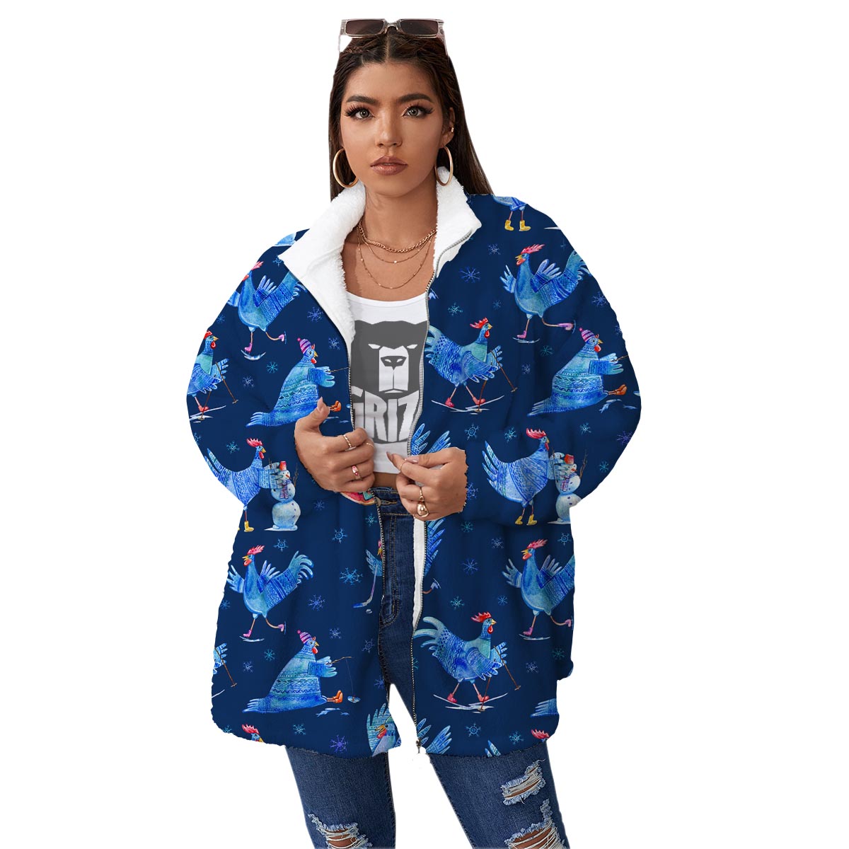 Snowflake And Rooster Print Pattern Women's Sherpa Jacket-grizzshop