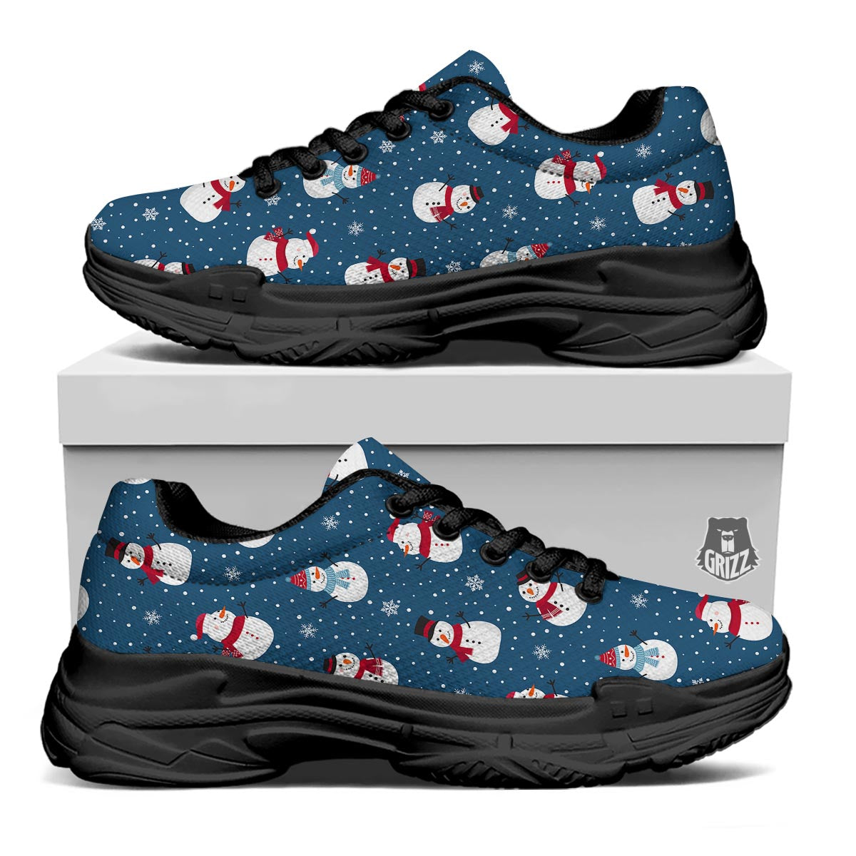 Snowflake And Snowman Print Pattern Black Chunky Shoes-grizzshop