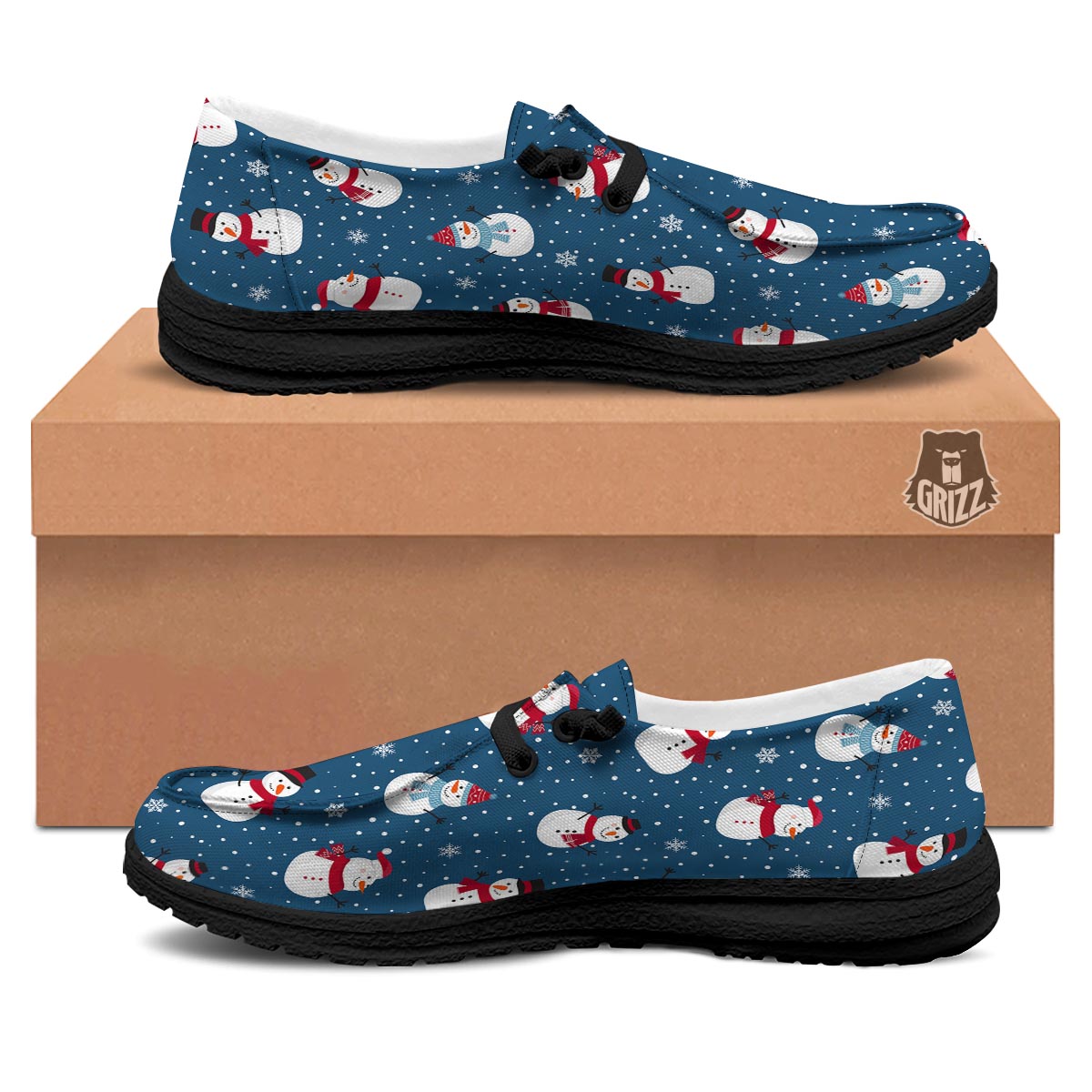 Snowflake And Snowman Print Pattern Black Loafers-grizzshop